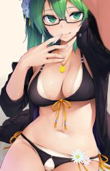 Rule 34 | .live, 1girl, bad id, bad pixiv id, bikini, black-framed eyewear, black bikini, blush, breasts, cleavage, flower, glasses, green hair, groin, highres, jacket, jewelry, kagura suzu (.live), layered bikini, long hair, looking at viewer, navel, necklace, off shoulder, open clothes, open jacket, reaching, reaching towards viewer, semi-rimless eyewear, side ponytail, smile, solo, sparkle, stomach, swimsuit, sy4, thighs, very long hair, virtual youtuber, wet