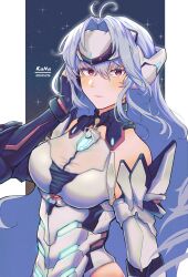 Rule 34 | absurdres, arm on own head, armored leotard, artist name, blue hair, breasts, closed mouth, commentary, dated, forehead protector, highres, kos-mos, long hair, looking at viewer, medium breasts, nokanaz, outside border, pillarboxed, red eyes, xenoblade chronicles (series), xenoblade chronicles 2, xenosaga
