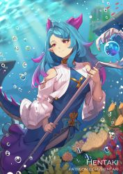 Rule 34 | 1girl, air bubble, animal, artist name, bare shoulders, blue dress, blue hair, blurry, blurry background, blush, breasts, bubble, closed mouth, clothing cutout, commentary, coral, dappled sunlight, day, depth of field, dragalia lost, dress, english commentary, fish, gradient hair, hentaki, holding, holding staff, horns, long hair, long sleeves, looking away, looking to the side, medium breasts, mercury (dragalia lost), multicolored hair, orb, outdoors, pointy ears, purple hair, red eyes, shirt, shoulder cutout, smile, solo, spiked tail, staff, sunlight, swept bangs, tail, underwater, water, watermark, web address, white shirt, wide sleeves