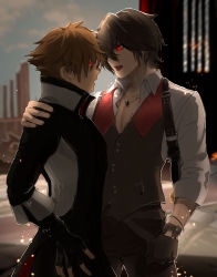 Rule 34 | 2boys, black gloves, brown vest, code vein, collared shirt, fang, fingerless gloves, gloves, glowing, glowing eyes, hair over one eye, hand on another&#039;s shoulder, highres, jewelry, long sleeves, louis (code vein), multiple boys, necklace, open mouth, protagonist (code vein), red eyes, ruo candyyyy, shirt, short hair, teeth, vampire, vest