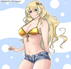 Rule 34 | 1girl, atago (kancolle), bikini, blonde hair, blue background, blue eyes, breasts, chiwa (chiwa0617), cleavage, collarbone, commentary request, contrapposto, cowboy shot, cutoffs, dated, denim, denim shorts, front-tie top, gold bikini, highres, kantai collection, large breasts, long hair, looking at viewer, one-hour drawing challenge, open fly, short shorts, shorts, solo, standing, twitter username, two-tone background