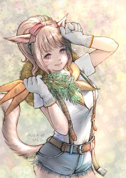 Rule 34 | 1girl, 2022, animal ears, arm up, artist name, belt, blonde hair, blue shorts, breasts, brown belt, carrot, cat ears, cat girl, cat tail, closed mouth, cowboy shot, cutoffs, dated, facial mark, final fantasy, final fantasy xiv, gloves, hair ribbon, hand up, hat, highres, holding, holding carrot, long hair, medium breasts, miqo&#039;te, pink lips, piyoco, ponytail, red ribbon, ribbon, shirt, short sleeves, shorts, smile, solo, standing, straw hat, suspender shorts, suspenders, t-shirt, tail, tail raised, warrior of light (ff14), whisker markings, white gloves, white shirt, yellow hat, yellow tail