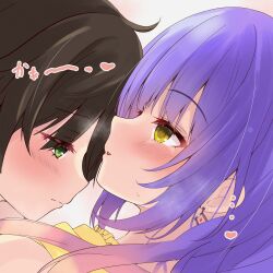 Rule 34 | ..., 1boy, 1girl, absurdres, black hair, blue hair, blush, close-up, closed mouth, commentary, couple, diamond earrings, earrings, eyelashes, eyes visible through hair, from side, gradient hair, green eyes, hair between eyes, heads together, heart, hetero, highres, jewelry, kohibari kurumi, long hair, looking at another, multicolored hair, nose, parted lips, pink hair, profile, purunyara, short hair, shy, sidelocks, simple background, spiked hair, sweat, tanikaze riku, tenshi souzou re-boot!, visible air, wavy hair, white background, yellow eyes