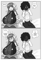Rule 34 | &gt; &lt;, 1futa, 1girl, blush, breasts, bulge, closed eyes, clothes, dark-skinned female, dark skin, embarrassed, english text, erection, erection under clothes, fate/grand order, fate (series), futa with female, futanari, hair ornament, hands on own cheeks, hands on own face, highres, interracial, large breasts, long hair, looking at viewer, monochrome, multiple girls, passionlip (fate), sitting, smile, speech bubble, testicles, umeyiyo