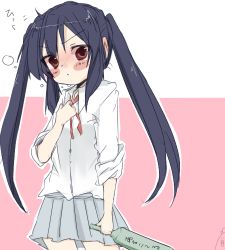 Rule 34 | 1girl, black hair, blush stickers, bottle, brown eyes, drunk, hiccup, k-on!, long hair, lowres, nakano azusa, natsu (norari kurari), neck ribbon, red ribbon, ribbon, school uniform, sleeves rolled up, solo, translation request, twintails