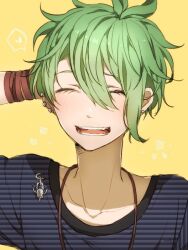 Rule 34 | 1boy, :d, amami rantaro, collarbone, danganronpa (series), danganronpa v3: killing harmony, ear piercing, green hair, hand up, jewelry, male focus, necklace, open mouth, piercing, portrait, shirt, short hair, smile, solo, striped clothes, striped shirt, teeth, this (amanashi), tongue, yellow background