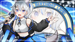 Rule 34 | 1girl, :d, animal ears, bare shoulders, black jacket, blue hair, blue nails, blue skirt, blush, collared shirt, commentary request, crop top, cropped jacket, dress shirt, fang, grey hair, hair between eyes, hair ornament, holding, holding microphone, indie virtual youtuber, inuzuki ren, jacket, kurata rine, long hair, long sleeves, looking at viewer, microphone, midriff, multicolored hair, nail polish, navel, open clothes, open jacket, open mouth, pleated skirt, ponytail, puffy long sleeves, puffy sleeves, purple eyes, shirt, skirt, sleeveless, sleeveless shirt, smile, solo, streaked hair, tail, very long hair, virtual youtuber, white shirt, x hair ornament, zoom layer