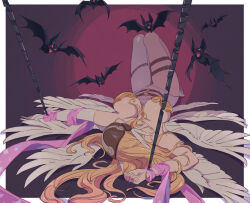 1girl angel_wings angewomon bat_(animal) blonde_hair border breasts commentary_request digimon elbow_gloves full_body futa_yuri_ryona gloves knees_up large_breasts long_hair lying on_back outside_border purple_background simple_background solo white_border white_gloves white_wings wings