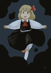 Rule 34 | 1girl, ascot, black skirt, black vest, blonde hair, bloomers, chii-kun (seedyoulater), darkness, dress shirt, hair ribbon, highres, long sleeves, looking at viewer, open mouth, outstretched arms, red ascot, red eyes, red footwear, red ribbon, ribbon, rumia, shirt, skirt, solo, spread arms, teeth, touhou, underwear, upper teeth only, vest, white shirt