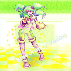 Rule 34 | 1girl, bare shoulders, beatmania, beatmania iidx, bodysuit, boots, detached sleeves, flower, green hair, hair flower, hair ornament, headphones, long hair, multicolored clothes, nagyi, personification, pink eyes, quad tails, solo, thigh boots, thighhighs, v