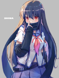 Rule 34 | 1girl, akayama yukihe, angel beats!, black gloves, black hair, black scarf, blue sailor collar, blue skirt, blush, character name, commentary request, covering own mouth, cowboy shot, elbow gloves, eyes visible through hair, gloves, grey background, hair between eyes, highres, long hair, looking at viewer, neckerchief, pink neckerchief, pleated skirt, red eyes, sailor collar, scarf, shiina (angel beats!), shinda sekai sensen uniform, shirt, short sleeves, sidelighting, simple background, skirt, solo, straight hair, very long hair, white shirt