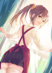 Rule 34 | 1girl, apron, blush, brown hair, collared shirt, curtains, from behind, hair ornament, hair scrunchie, long hair, long sleeves, looking back, open mouth, original, pleated skirt, ponytail, scrunchie, shirt, skirt, smile, solo, sunlight, thighhighs, unigon (kitsutsuki), window, yellow eyes