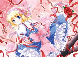 Rule 34 | 1girl, alice margatroid, back, black thighhighs, blonde hair, blue eyes, bow, capelet, dress, female focus, flower, hair bow, hairband, lace, looking back, pink flower, pink rose, red flower, red rose, ribbon, rose, short hair, smile, solo, thighhighs, touhou, white-brown