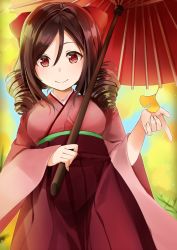 Rule 34 | 10s, 1girl, breasts, brown hair, drill hair, ginkgo tree, hair between eyes, harukaze (kancolle), holding, holding leaf, holding umbrella, japanese clothes, kantai collection, kimono, leaf, long sleeves, looking at viewer, medium breasts, oil-paper umbrella, pink kimono, red eyes, smile, solo, umbrella, wide sleeves, yuna (yukiyuna)