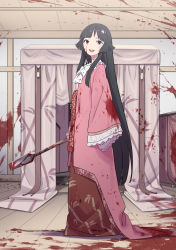 Rule 34 | 1girl, absurdres, black hair, blood, blood on clothes, blood on face, blood splatter, blunt bangs, chisel, commentary request, frilled sleeves, frills, from side, full body, highres, hime cut, houraisan kaguya, indoors, japanese clothes, kawayabug, kimono, long sleeves, looking at viewer, open mouth, oversized object, parted bangs, pink kimono, sleeves past wrists, smile, solo, standing, straight hair, teeth, touhou, upper teeth only, wide sleeves, wooden floor