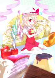 Rule 34 | 1girl, bad id, bad pixiv id, blonde hair, cake, cherry, chocolate, doughnut, eating, embodiment of scarlet devil, female focus, flandre scarlet, food, food on face, fruit, hat, in food, mini person, minigirl, oouso, pastry, pudding, red eyes, short hair, sitting, solo, thighhighs, touhou, wings