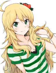 Rule 34 | 1girl, ahoge, blonde hair, breasts, cleavage, closed mouth, flower, green eyes, hair flower, hair ornament, hoshii miki, idolmaster, idolmaster (classic), long hair, looking at viewer, shirt, shuucream (syuichi), smile, solo, striped clothes, striped shirt