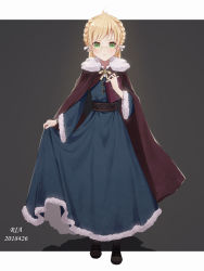 Rule 34 | 1girl, black footwear, blonde hair, blue dress, blush, boots, braid, brown cape, cape, closed mouth, dated, dress, full body, fur-trimmed cape, fur-trimmed dress, fur-trimmed sleeves, fur trim, glasses, highres, long hair, long sleeves, looking at viewer, original, outside border, round eyewear, saikou-iro aurora, sash, serious, skirt hold, solo, standing, v-shaped eyebrows, wide sleeves, yellow-framed eyewear