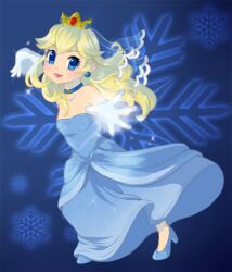 blue_background dress food fruit ice magic mario_(series) nintendo peach princess_peach snow-bunnii snowflakes the_super_mario_bros._movie video_game wedding_dress