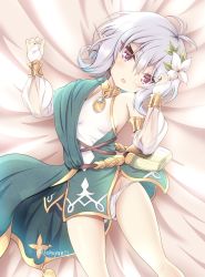 Rule 34 | 1girl, :d, antenna hair, bare shoulders, bed sheet, blush, bow, bow panties, breasts, bridal gauntlets, commentary request, detached sleeves, dress, fingernails, flower, green dress, hair between eyes, hair flower, hair ornament, hands up, highres, kokkoro (princess connect!), long sleeves, lying, on back, open mouth, panties, pink eyes, princess connect!, puffy long sleeves, puffy sleeves, see-through, see-through sleeves, silver hair, sleeveless, sleeveless dress, small breasts, smile, solo, tamayan, twitter username, underwear, white flower, white panties