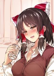 Rule 34 | 1girl, alternate costume, beer can, blush, bow, breasts, brown hair, can, cardigan vest, cleavage, cookie (touhou), curtains, drink can, drunk, female focus, hair bow, hair ornament, hair ribbon, hair tubes, hakurei reimu, jewelry, jpeg artifacts, large breasts, long sleeves, looking at viewer, mutsutake, necklace, open mouth, ribbon, sananana (cookie), shirt, short hair, smile, solo, tears, touhou, upper body, vest