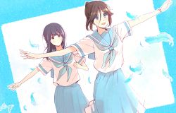 Rule 34 | 2girls, black hair, blue eyes, blue feathers, blue hair, blue neckerchief, blue sailor collar, blue skirt, blush, closed mouth, feathers, hands up, hibike! euphonium, highres, kasaki nozomi, kitauji high school uniform, liz to aoi tori, long hair, looking at another, multiple girls, neckerchief, open mouth, outstretched arms, pink eyes, pleated skirt, ponytail, sailor collar, sawara65, school uniform, serafuku, shirt, short sleeves, skirt, smile, spread arms, standing, uniform, watch, white shirt, yoroizuka mizore