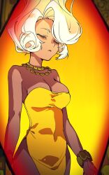 Rule 34 | 1girl, bracelet, breasts, cleavage, closed eyes, closed mouth, commentary request, cowboy shot, dark-skinned female, dark skin, dress, frown, ganeshia, highres, jewelry, king of greed, lobotomy corporation, medium breasts, multiple necklaces, necklace, project moon, solo, strapless, strapless dress, white hair, yellow dress