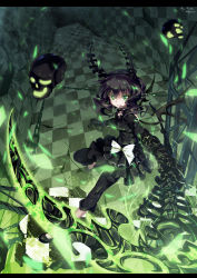 Rule 34 | 10s, 1girl, black hair, black rock shooter, chain, checkered floor, dead master, green eyes, grin, highres, horns, letterboxed, north abyssor, scythe, shorts, skull, smile, solo, weapon