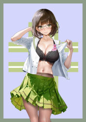 1girl ayase_shichikai black-framed_eyewear black_bra blue_background blush border bra breasts brown_hair cleavage closed_mouth collarbone commentary_request contrapposto feet_out_of_frame floral_print_skirt flower_bra glasses green_border green_eyes green_skirt hand_in_own_hair hands_up highres lace lace-trimmed_bra lace_trim large_breasts lingerie lips looking_at_viewer miniskirt nijisanji open_clothes open_shirt outside_border pleated_skirt sailor_collar seto_miyako seto_miyako_(1st_costume) shiny_skin shirt short_hair skirt sleeves_rolled_up small_sweatdrop smile solo standing stomach underwear undressing virtual_youtuber white_sailor_collar white_shirt