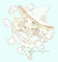 Rule 34 | 1girl, :d, artist name, ayu (mog), blonde hair, blue background, blue eyes, blue pantyhose, blush, blush stickers, bright pupils, closed eyes, commentary, commentary request, dress, english commentary, eyelashes, floating hair, flower, frilled dress, frills, hand up, hat, hat flower, highres, holding, holding wand, long hair, mixed-language commentary, open mouth, original, pantyhose, pink flower, rabbit, shoes, sidelocks, simple background, smile, solid circle eyes, star wand, wand, watermark, white dress, white footwear, white headwear, white pupils, witch hat