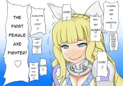 Rule 34 | 1girl, armor, blonde hair, blue background, blue eyes, blush, bow, breasts, charlotte (fire emblem), cleavage, embarrassed, female focus, fire emblem, fire emblem fates, hair ribbon, ijimeka (meme), large breasts, long hair, looking at viewer, meme, nervous, nintendo, ribbon, shake, simple background, smile, solo, trembling, upper body