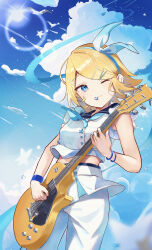 Rule 34 | 1girl, absurdres, bird, blonde hair, blue eyes, blue ribbon, blue sky, bow, bracelet, bubble, cloud, cropped shirt, guitar, hair bow, hair ornament, hairband, hairclip, highres, holding, holding guitar, holding instrument, instrument, inubangarou, jewelry, kagamine rin, lens flare, leo/need rin, looking at viewer, medium hair, midriff peek, multiple hairpins, official alternate costume, one eye closed, pants, playing guitar, plectrum, project sekai, ribbon, short hair, short sleeves, skirt, sky, smile, standing, star (symbol), stick to your faith (project sekai), swept bangs, vocaloid, white pants, white skirt