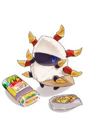 blue_eyes commentary_request creatures_(company) duosiondrifloon food game_freak gen_5_pokemon highres holding holding_food holding_snack larvesta looking_up nintendo no_humans pokemon pokemon_(creature) snack solo white_background white_fur