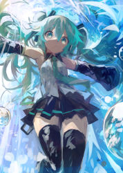 Rule 34 | 1girl, absurdres, aqua eyes, aqua hair, armpits, bare shoulders, black footwear, black thighhighs, boots, breasts, bubble, detached sleeves, floating hair, hatsune miku, highres, kaamin (mariarose753), looking at viewer, necktie, outstretched arms, pleated skirt, skirt, sleeveless, small breasts, solo, spread arms, thigh boots, thighhighs, twintails, underwater, vocaloid, zettai ryouiki