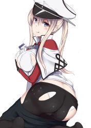 Rule 34 | 10s, 1girl, anchor, ass, bad id, bad pixiv id, between breasts, blonde hair, breasts, capelet, celtic knot, cross, fedsnk, graf zeppelin (kancolle), hat, highres, iron cross, kantai collection, long hair, looking back, military, military hat, military uniform, milk, panties, pantyhose, peaked cap, sexually suggestive, sidelocks, simple background, solo, torn clothes, torn pantyhose, underwear, uniform, white background, white panties