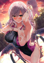 Rule 34 | 1girl, arm up, armpits, backlighting, bare shoulders, blush, breasts, competition swimsuit, gradient sky, grey hair, highleg, highleg swimsuit, highres, kawai (purplrpouni), large breasts, long hair, looking at viewer, one-piece swimsuit, orange sky, original, pool, poolside, purple sky, sky, smile, sunset, swimsuit, thighs, tongue, tongue out, twilight, wet, yellow eyes