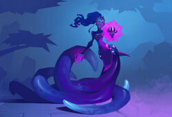 Rule 34 | 1girl, alexandra douglass, blue hair, brick floor, concept art, forest, gigantic (game), glowing, long hair, magic, monster, nature, official art, production art, tentacle hair, tentacle legs, tentacle limbs, tentacles, tentacles under clothes, xenobia (gigantic)