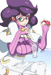 Rule 34 | 1girl, absurdres, big hair, boots, breast press, breasts, coat, creatures (company), cup, drinking glass, drinking straw, game freak, glass, glass table, glasses, green eyes, highres, holding, holding poke ball, large breasts, long sleeves, mouth hold, nintendo, ohland, pink-framed eyewear, pink sweater, poke ball, poke ball (basic), pokemon, pokemon sm, purple hair, ribbed sweater, skirt, stalk in mouth, sweater, table, thigh boots, turtleneck, turtleneck sweater, white coat, white skirt, wicke (pokemon)