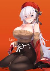 Rule 34 | 1girl, aran sweater, azur lane, belfast (azur lane), belfast (shopping with the head maid) (azur lane), beret, black footwear, blush, box, breasts, brown sweater, cable knit, choker, cleavage, collarbone, dated, earrings, food, hat, high heels, highres, holding, holding box, hoop earrings, jewelry, large breasts, long hair, looking at viewer, off-shoulder sweater, off shoulder, orange background, pantyhose, parted lips, pocky, signature, silver hair, simple background, sitting, skirt, smile, solo, subaru (794829485), sweater, wariza