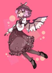 Rule 34 | 1girl, animal ears, asutoro (s--t), bird ears, bird wings, black footwear, bow, breasts, brown eyes, brown hat, brown pantyhose, brown skirt, brown vest, commentary request, feathered wings, fingernails, frilled skirt, frilled sleeves, frilled vest, frills, full body, hat, highres, juliet sleeves, long fingernails, long sleeves, mob cap, mystia lorelei, one eye closed, open mouth, pantyhose, pink background, pink bow, pink hair, puffy sleeves, shirt, short hair, skirt, small breasts, touhou, vest, white shirt, white wings, winged footwear, winged hat, wings