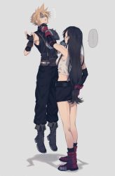 Rule 34 | 1boy, 1girl, armor, artist request, bad id, bad twitter id, bare shoulders, black hair, black skirt, blonde hair, boots, breasts, closed eyes, cloud strife, earrings, elbow gloves, elbow pads, final fantasy, final fantasy vii, fingerless gloves, gloves, hmyo, holding person, jewelry, long hair, low-tied long hair, miniskirt, pauldrons, pencil skirt, red footwear, shaded face, shirt, short hair, shoulder armor, skirt, sleeveless, sleeveless shirt, speech bubble, spiked hair, strangling, suspender skirt, suspenders, sweatdrop, tank top, taut clothes, taut shirt, tifa lockhart