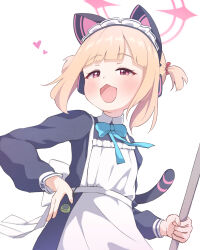 Rule 34 | 1girl, absurdres, animal ear headphones, animal ears, apron, black dress, blonde hair, blue archive, blush, cat tail, dress, fake animal ears, halo, headphones, highres, long sleeves, maid, maid apron, maid headdress, momoi (blue archive), momoi (maid) (blue archive), o otomaru, official alternate costume, open mouth, pink halo, red eyes, short hair, simple background, smile, solo, tail, upper body, white apron, white background