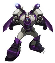Rule 34 | blitzwing, clenched hands, decepticon, highres, jeetdoh, leaning forward, mecha, mechanical wings, red eyes, robot, science fiction, shoulder cannon, solo, transformers, transformers animated, white background, wings