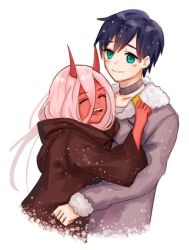 Rule 34 | 10s, 1boy, 1girl, bad id, bad twitter id, black cloak, black hair, blush, cloak, coat, colored skin, commentary request, couple, darling in the franxx, closed eyes, fur trim, green eyes, grey coat, hetero, hiro (darling in the franxx), hood, hooded cloak, horns, long hair, looking at another, mylyn97, oni horns, parka, pink hair, red horns, red skin, short hair, spoilers, winter clothes, winter coat, aged down, zero two (darling in the franxx)