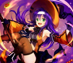 Rule 34 | 1girl, armpits, black footwear, boots, breasts, broom, broom riding, brown thighhighs, candy, clothing cutout, commentary, detached sleeves, fire emblem, fire emblem: path of radiance, fire emblem: radiant dawn, fire emblem heroes, food, gloves, green eyes, halloween, hat, headband, jack-o&#039;-lantern, jurge, long hair, looking at viewer, medium breasts, mia (fire emblem), midriff, navel cutout, neckerchief, nintendo, open mouth, purple hair, smile, solo, thighhighs, wide sleeves, witch hat