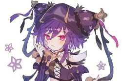 1girl, bangs, blush, character request, detached sleeves, eyebrows visible through hair, floral background, frilled sleeves, frills, hair between eyes, hand up, hat, hat ribbon, hibi89, holding, holding ribbon, long sleeves, looking at viewer, merc storia, nail polish, pink eyes, pink nails, purple hair, ribbon, solo, striped, upper body, white background
