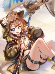 1girl :d arknights black_jacket black_ribbon black_shorts blue_eyes blurry brown_hair brown_tail commentary feet_out_of_frame flower garvini gold hair_behind_ear head_chain highres holding holding_weapon hood hood_up hooded_jacket infection_monitor_(arknights) jacket jewelry long_hair long_sleeves looking_at_viewer neck_ribbon o-ring open_clothes open_jacket open_mouth pepe_(arknights) puffy_long_sleeves puffy_sleeves ribbon shorts sitting smile solo tail weapon white_flower