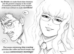 Rule 34 | 1koma, 2boys, absurdres, alternate costume, alternate universe, androgynous, bb (baalbuddy), berserk, bespectacled, collared shirt, comic, constricted pupils, english text, glasses, greyscale, griffith (berserk), guts (berserk), highres, light smile, lips, long hair, male focus, monochrome, multiple boys, necktie, open mouth, panicking, parted lips, right-to-left comic, rimless eyewear, scar, scar on face, scar on nose, shirt, short hair, sweat, trembling, wing collar