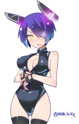 Rule 34 | 10s, 1girl, black thighhighs, breasts, cleavage, cleavage cutout, clothing cutout, eyepatch, fingerless gloves, front zipper swimsuit, gloves, headgear, kantai collection, large breasts, meme attire, nanasuke, one-piece swimsuit, open mouth, partially fingerless gloves, purple hair, short hair, simple background, solo, swimsuit, tenryuu (kancolle), thighhighs, white background, yellow eyes