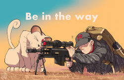 Rule 34 | 1boy, ?, alternate costume, artist logo, backpack, bag, baseball cap, bipod, black eyes, bottle, brown bag, camouflage, camouflage jacket, cat, commentary request, creatures (company), finger on trigger, game freak, gen 1 pokemon, giovanni (pokemon), gradient background, grey jacket, gun, hat, highres, holding, holding weapon, how long, jacket, licking, logo, long sleeves, looking to the side, lying, male focus, muzzle device, nintendo, nuzzle, on stomach, outdoors, parted lips, persian, pokemon, pokemon (creature), pokemon rgby, rifle, scope, signature, sniper rifle, team rocket, water bottle, weapon